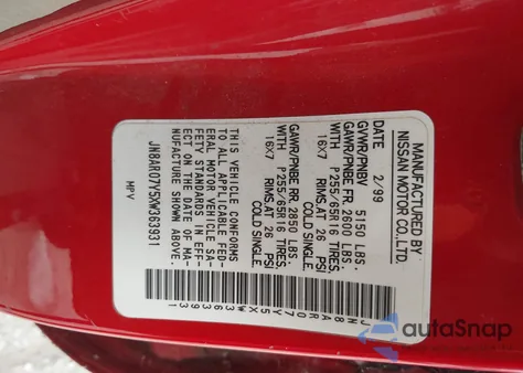 1999 Nissan Pathfinder Le/Se/Xe z USA, uszkodzony, nr VIN JN8AR07Y5XW363931